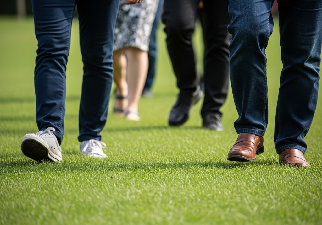 people walking on grass