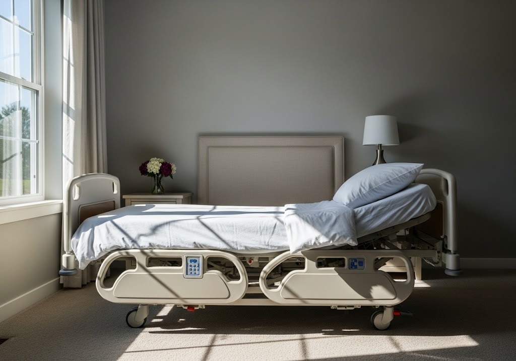 ChatGPT said: Adjustable hospital bed at home setup, showing trusted medical equipment delivery in RGV for personalized care and improved home health support.