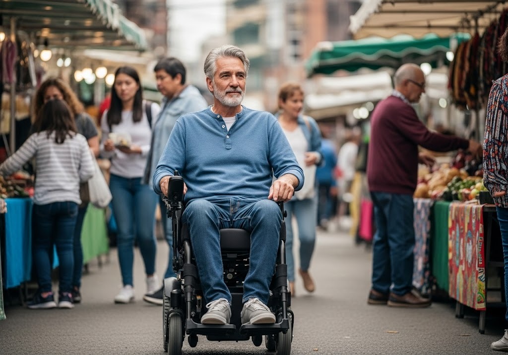 man in power wheelchair out in market
