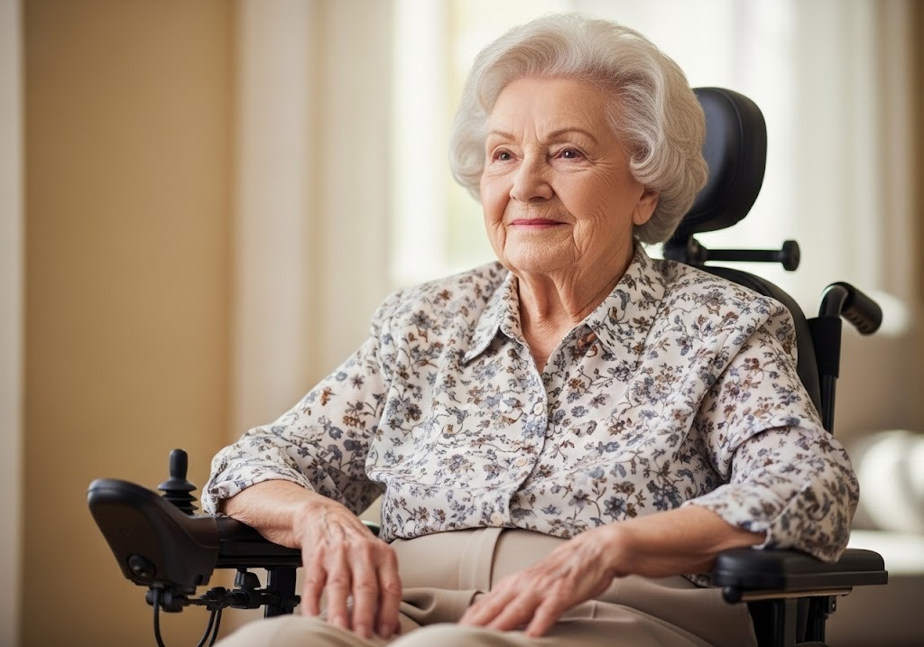 Woman in power wheelchair after finding the best power wheelchair dealer near McAllen TX
