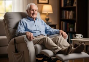 Man in lift chair post-surgery using durable medical equipment for post-surgery recovery in Harlingen, resting comfortably with safe support.