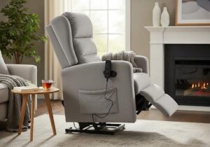 Modern lift chair with powered reclining and standing assistance, enhancing comfort and mobility for elderly users.