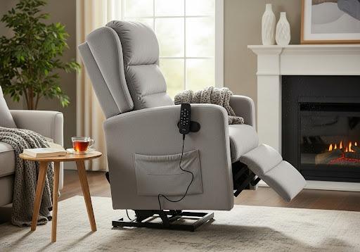 Modern lift chair with powered reclining and standing assistance, enhancing comfort and mobility for elderly users.