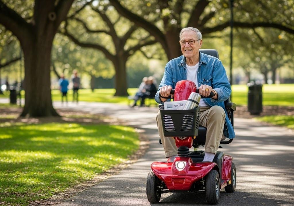 man riding a mobility scooter on a sidewalk, provided by a trusted mobility scooter dealer in Harlingen