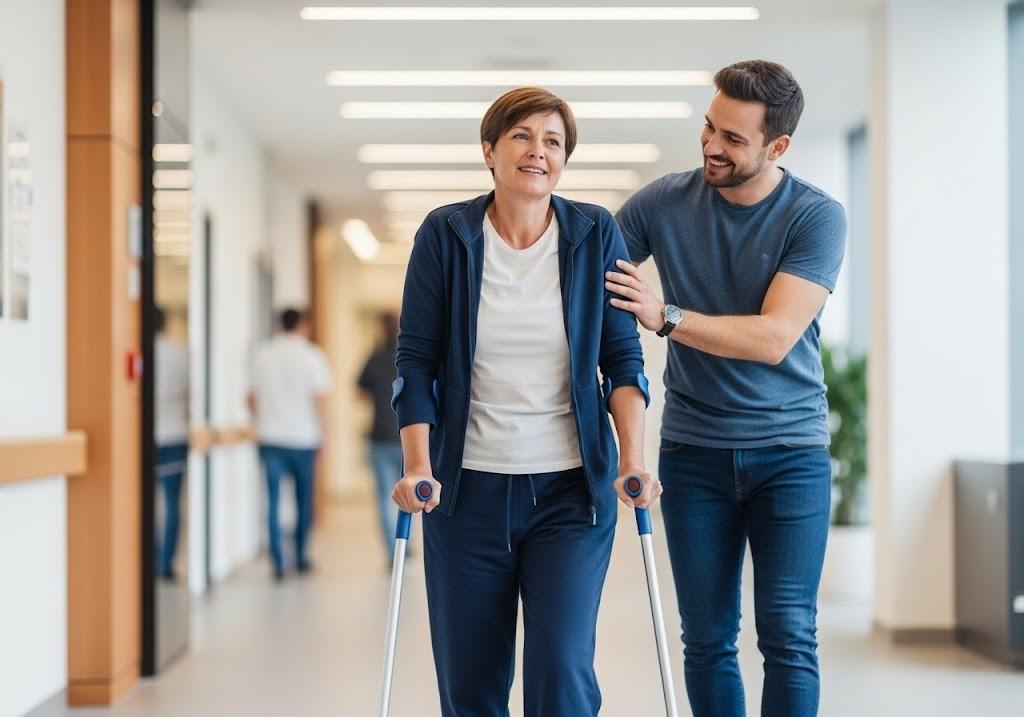 Woman using crutches, with man assisting her