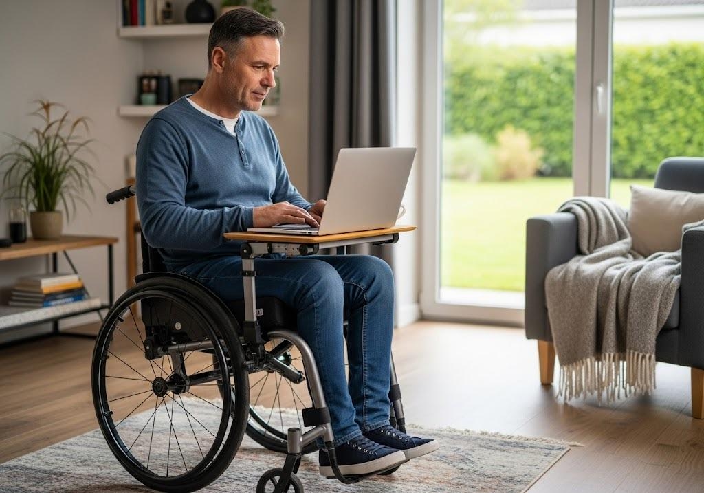 man using wheelchair at home