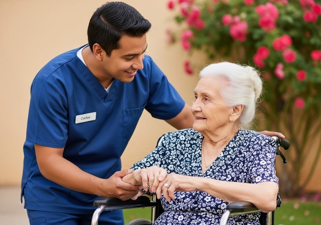 Man assisting woman in wheelchair