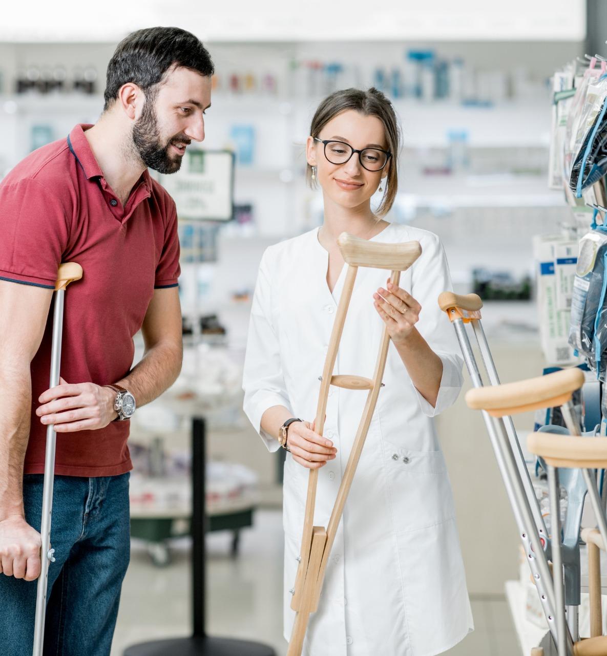 Woman assessing crutches