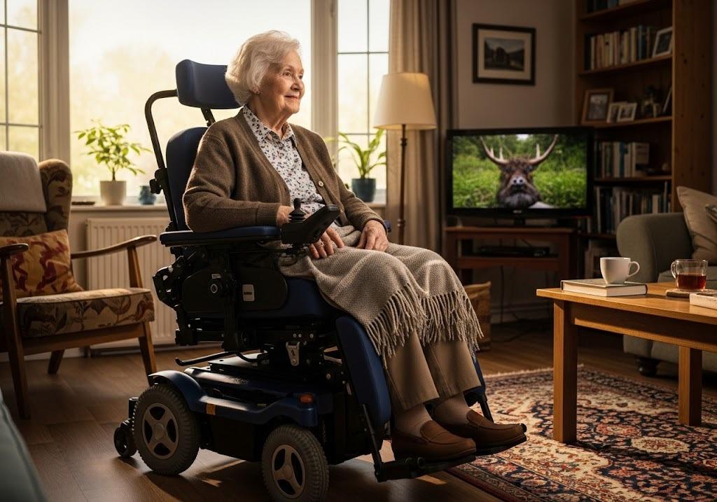 elderly woman in power wheelchair from a trusted RGV power wheelchair supplier, enjoying improved mobility and independence