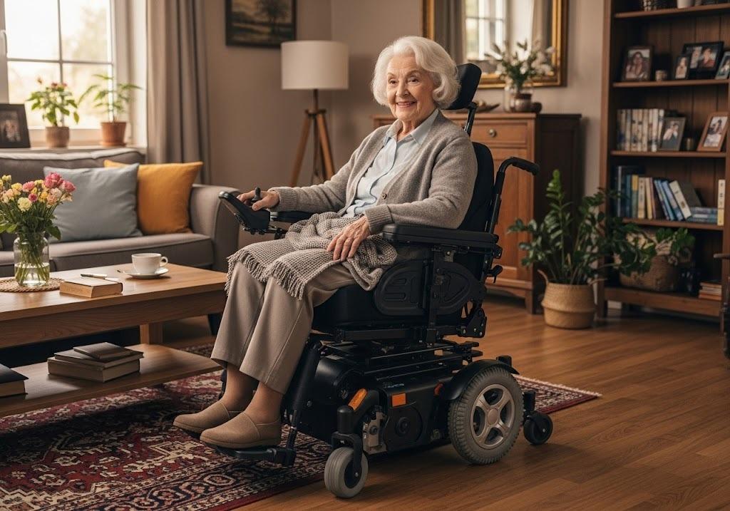 woman in power wheelchair at home
