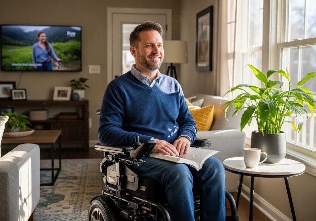 man in power wheelchair at home
