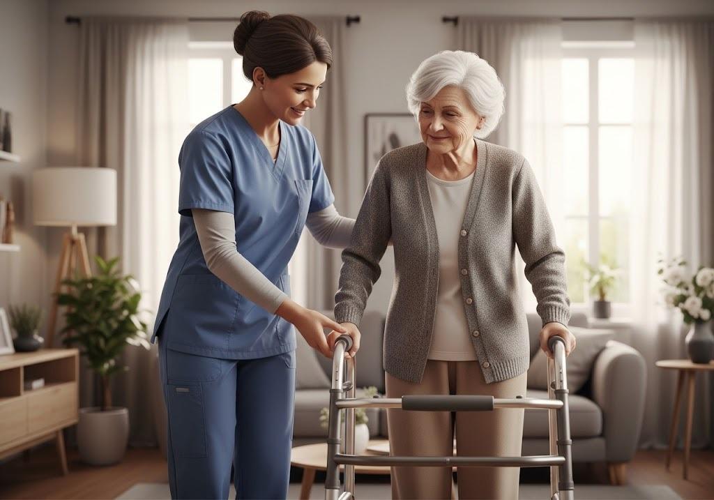 caregiver assisting woman with walker