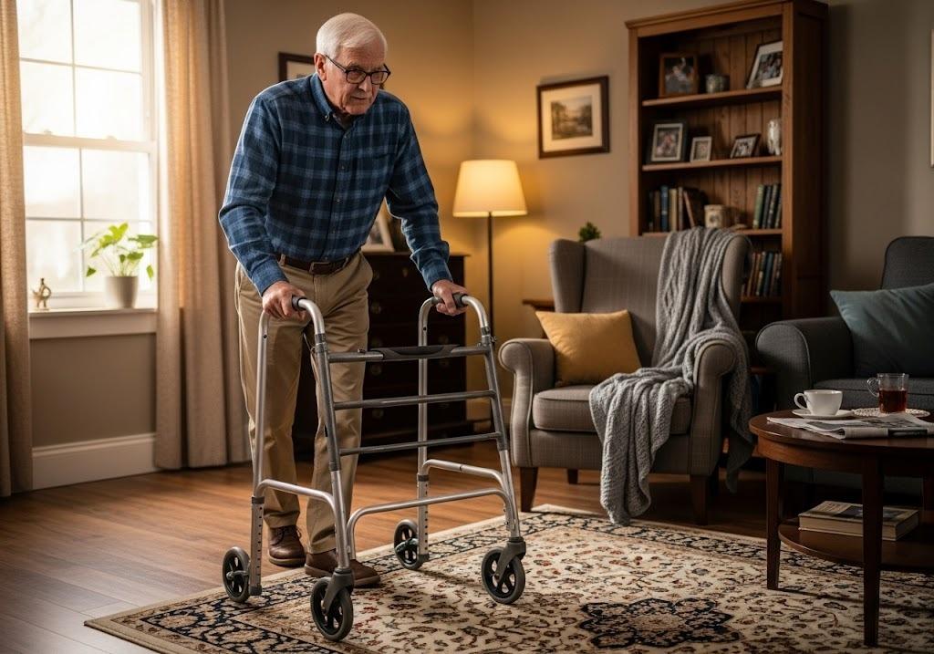 man using walker, a type of durable medical equipment