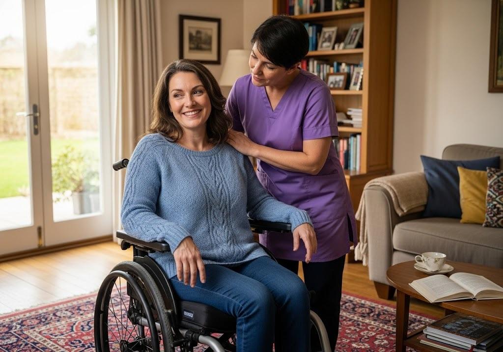 caregiver assisting woman in wheelchair
