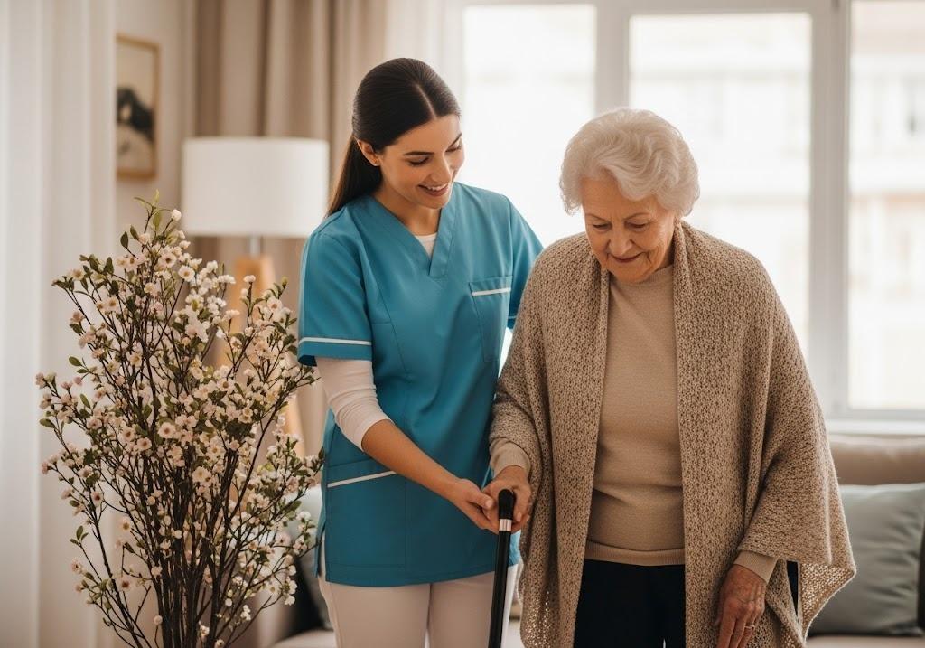 Caregiver assisting woman with cane from a local provider of home medical equipment in RGV.