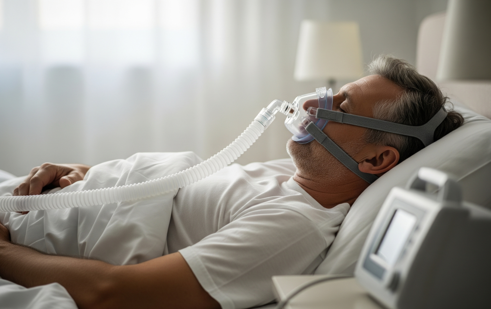 man using CPAP machine to manage sleep apnea
