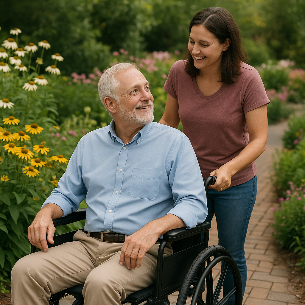 man in wheelchair with person assisting him