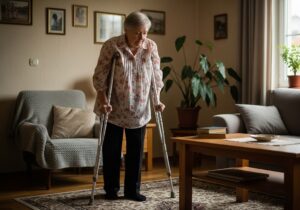 Woman using crutches inside her home as part of home healthcare products in South Texas