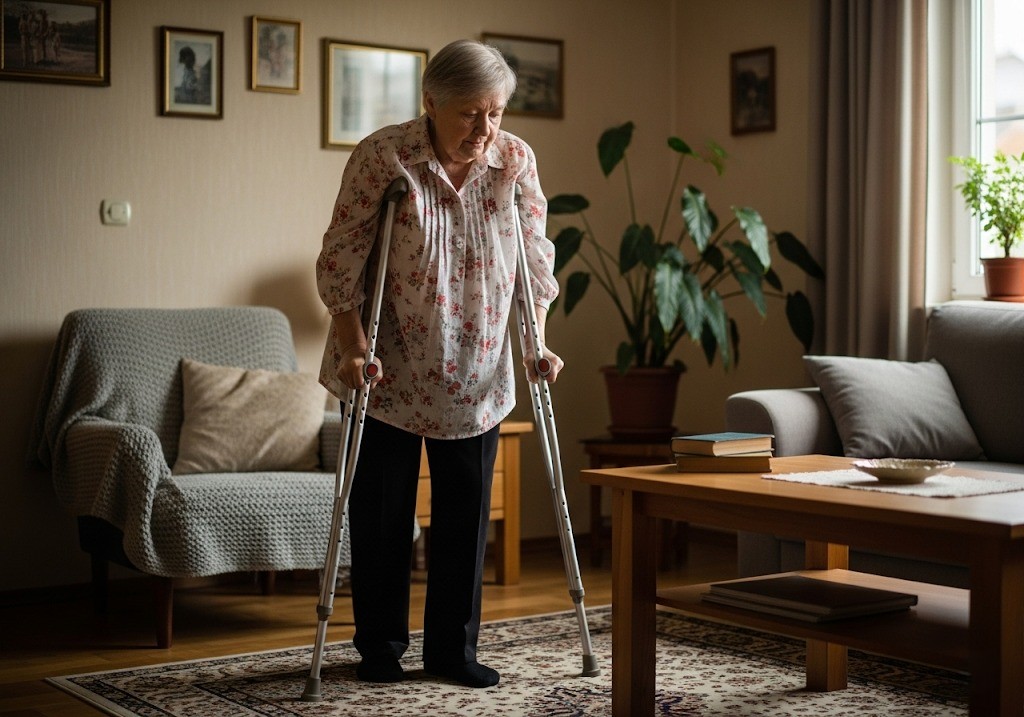 Woman using crutches inside her home as part of home healthcare products in South Texas