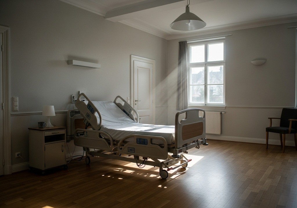 Sunlight streaming into a clean, empty hospital room with a single adjustable bed, nightstand, and wooden floor.