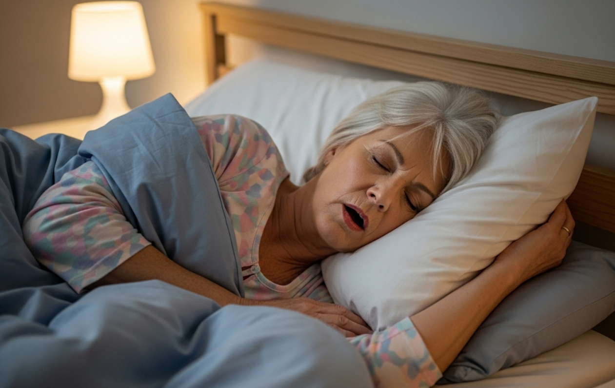 a snoring woman who could probably use the benefits of using a positive airway pressure machine for sleep