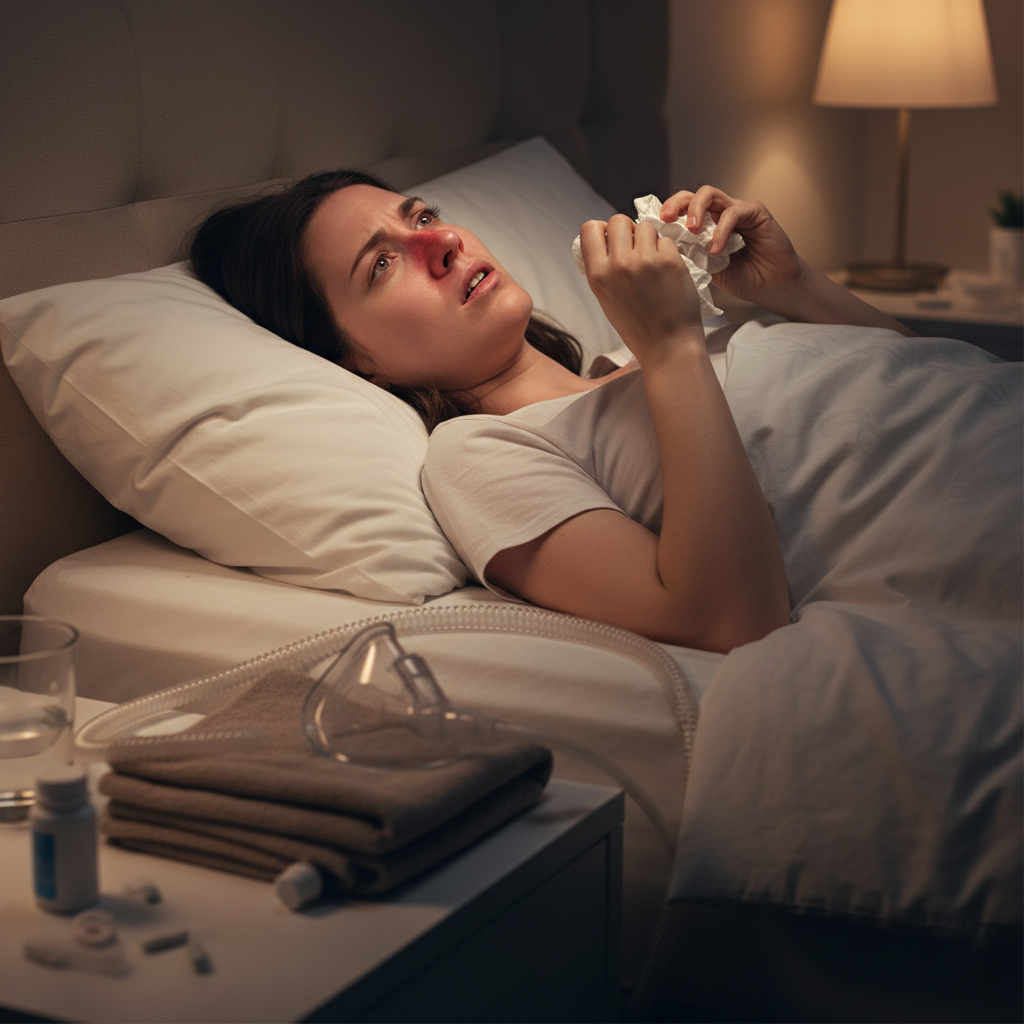Woman with nasal congestion lying awake, showing the need for a nasal CPAP mask