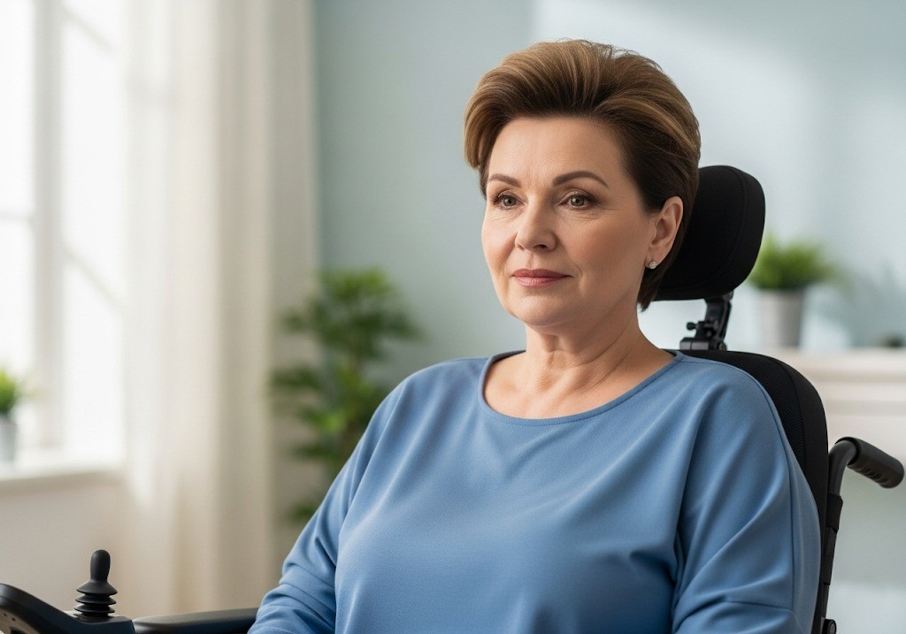 Woman using power wheelchair at home