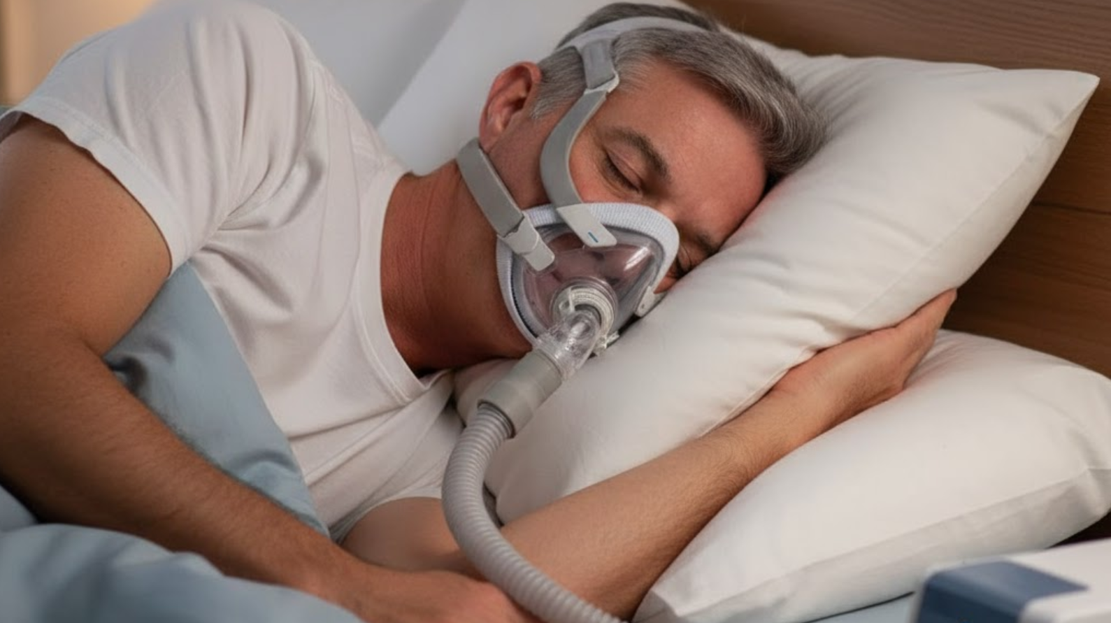 man using CPAP mask while sleeping