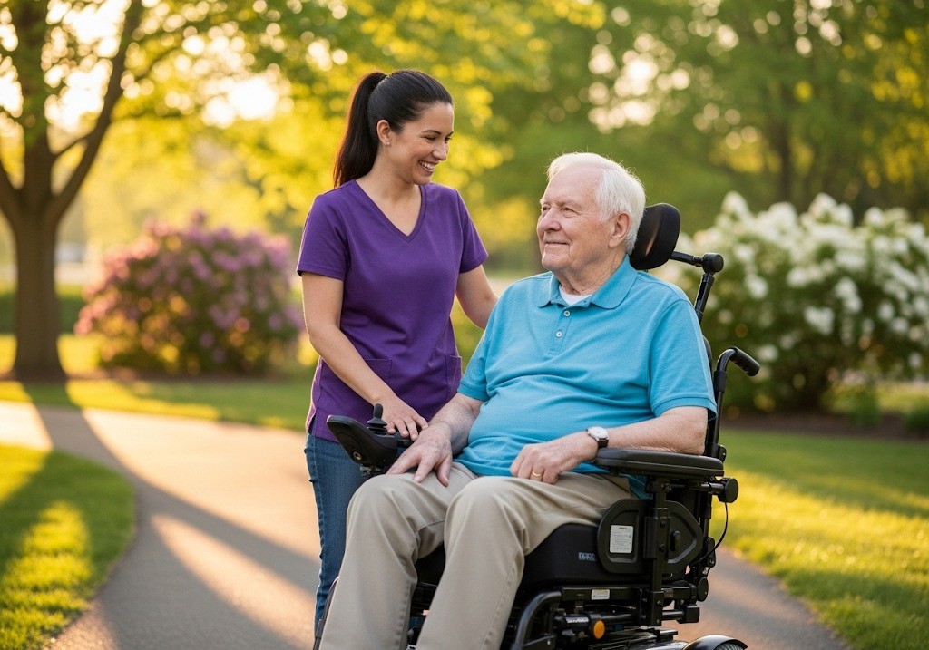 man using power wheelchair accompanied by caregiver