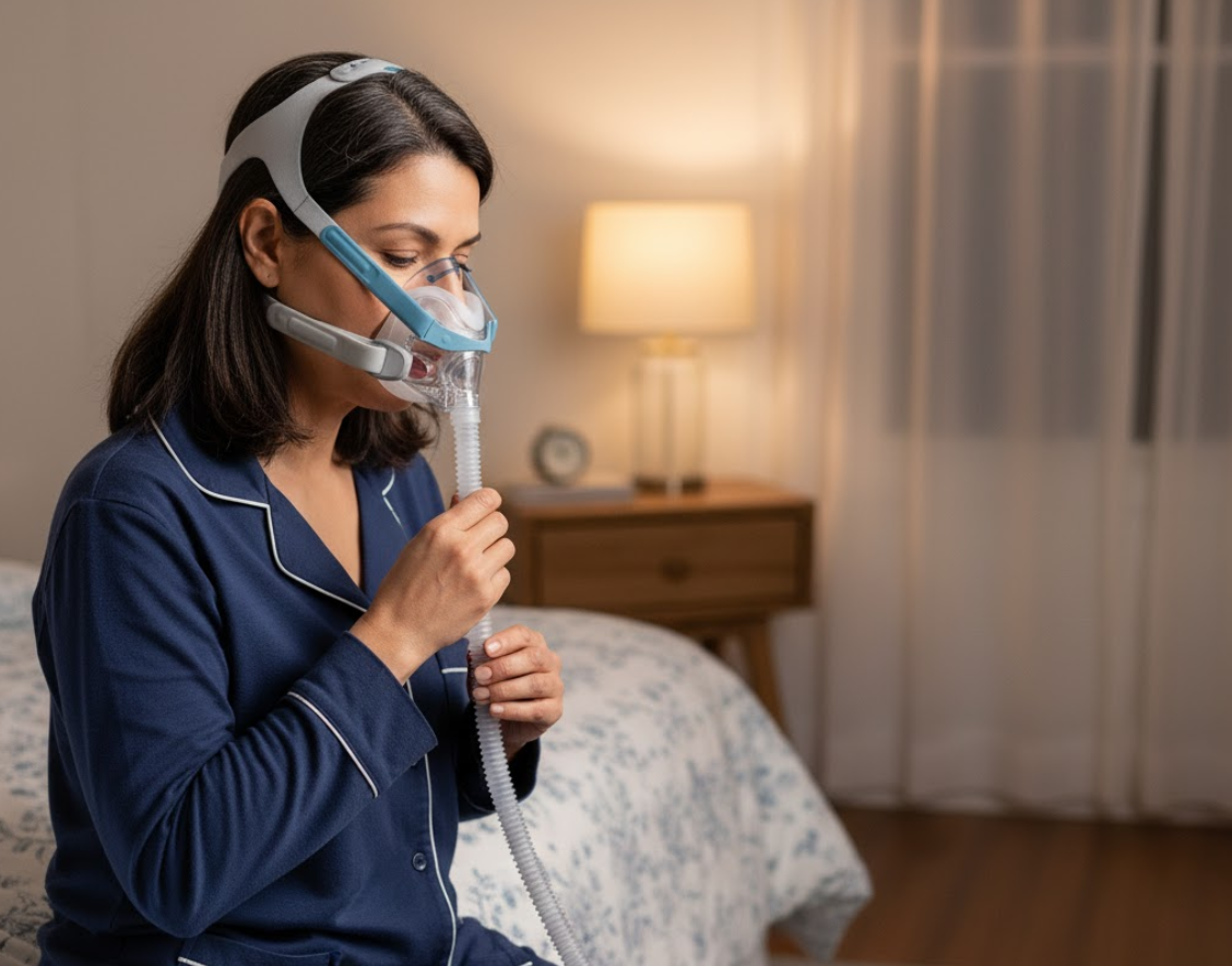 woman wearing CPAP mask while getting ready for bed