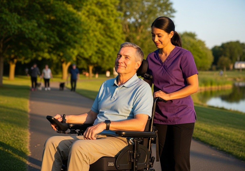 man using power wheelchair, with support from caregiver