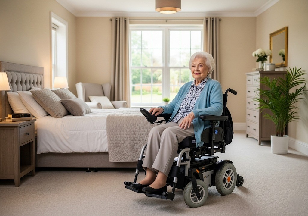 woman using power wheelchair at home