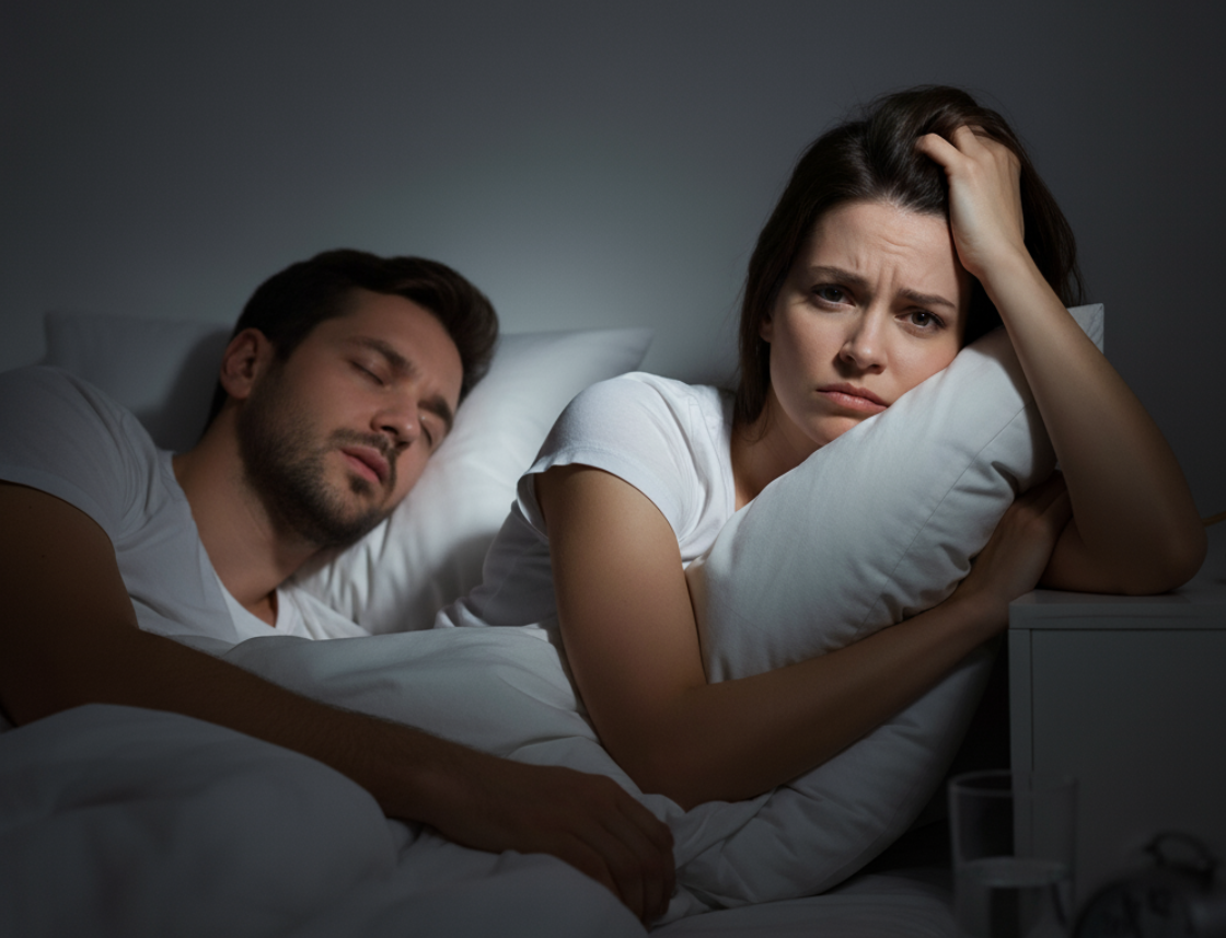 man snoring, next to wife who cannot sleep