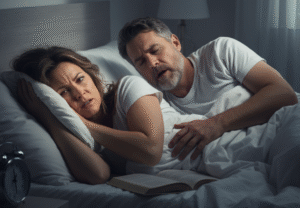 man, possibly needing CPAP therapy in Harlingen, TX, snoring next to frustrated wife