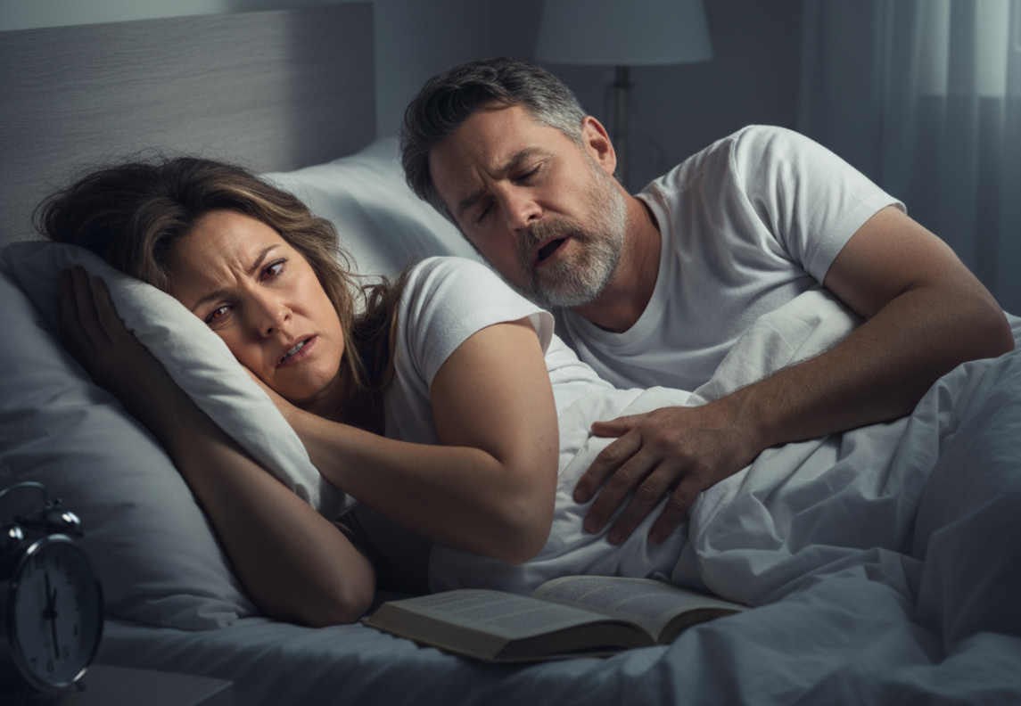 man, possibly needing CPAP therapy in Harlingen, TX, snoring next to frustrated wife
