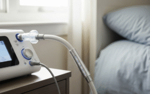 CPAP machine with attached heated tubing, showing subtle condensation prevention design, representing CPAP tubing and filters