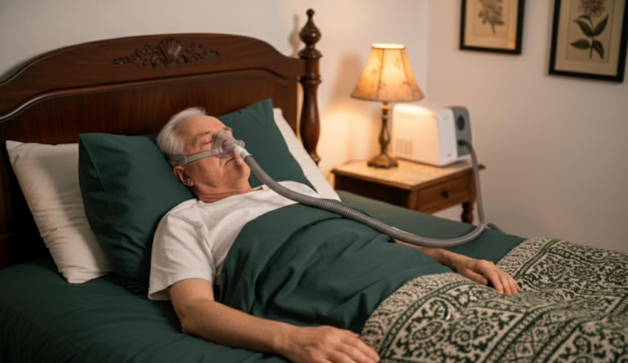 man sleeping while using CPAP machine