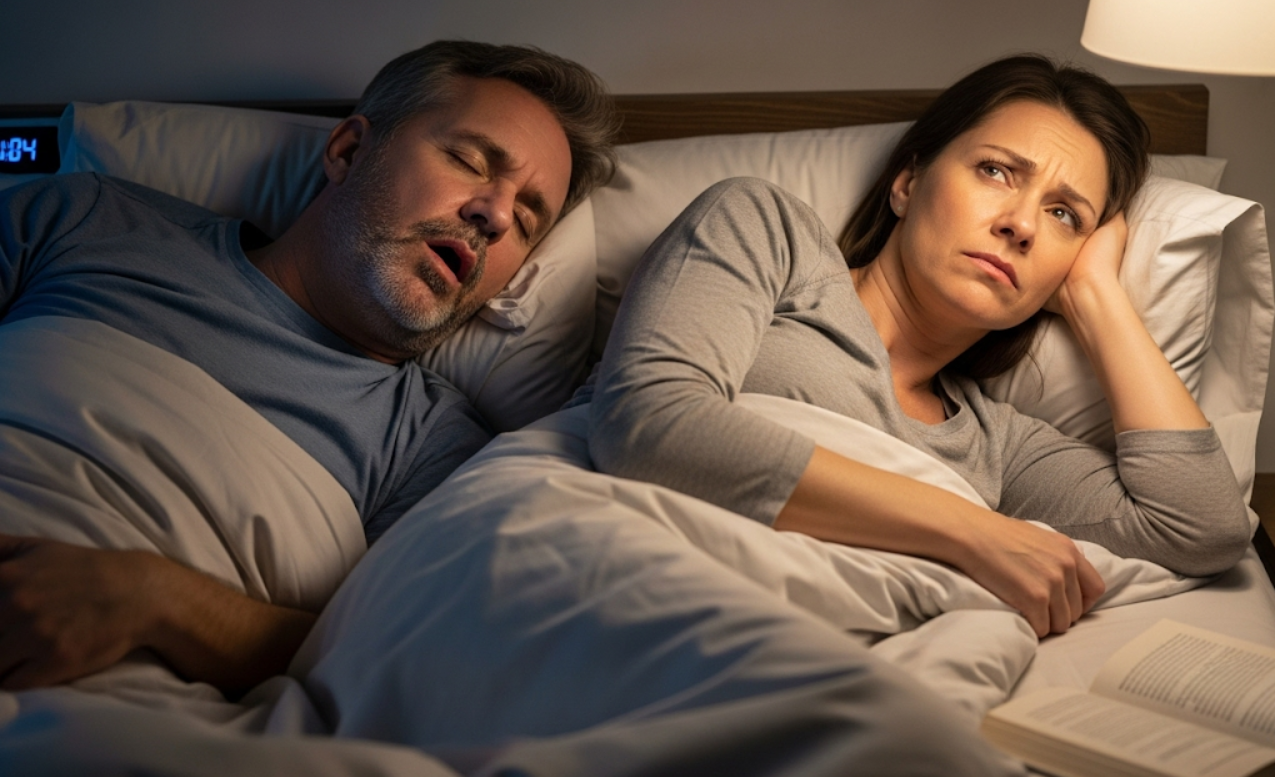 woman looking frustrated next to a snoring man