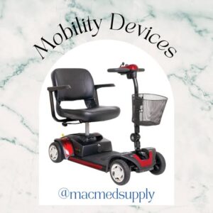 A red and black mobility scooter with a front basket is centered on a white background with a light marble border, with "Mobility Devices" arched above and "@macmedsupply" below.