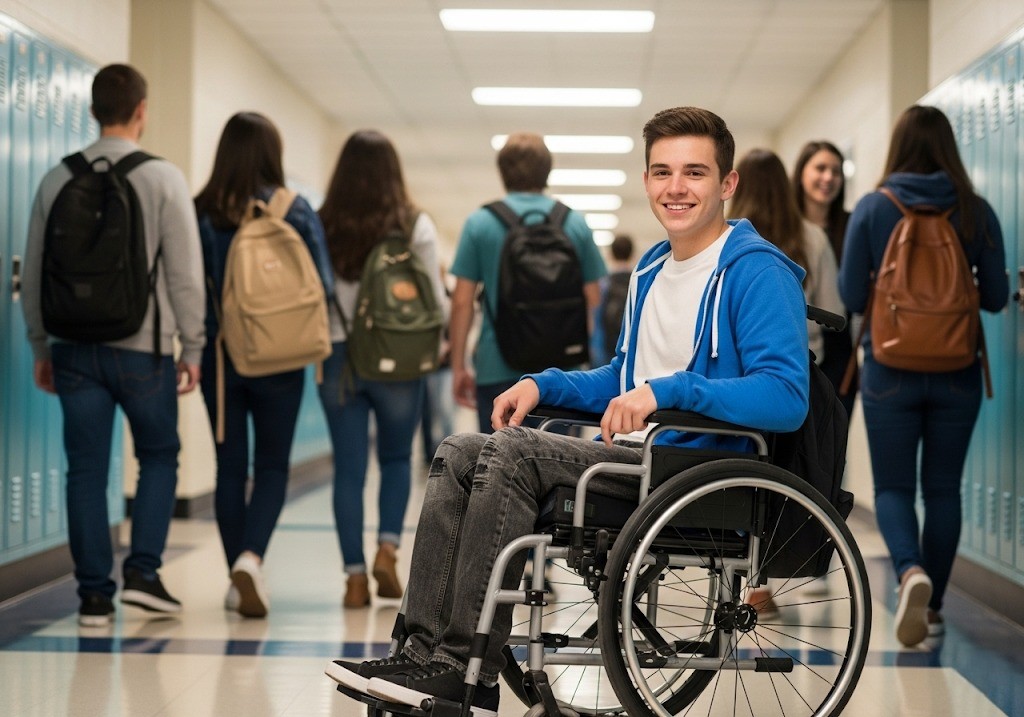 student in wheelchair at school
