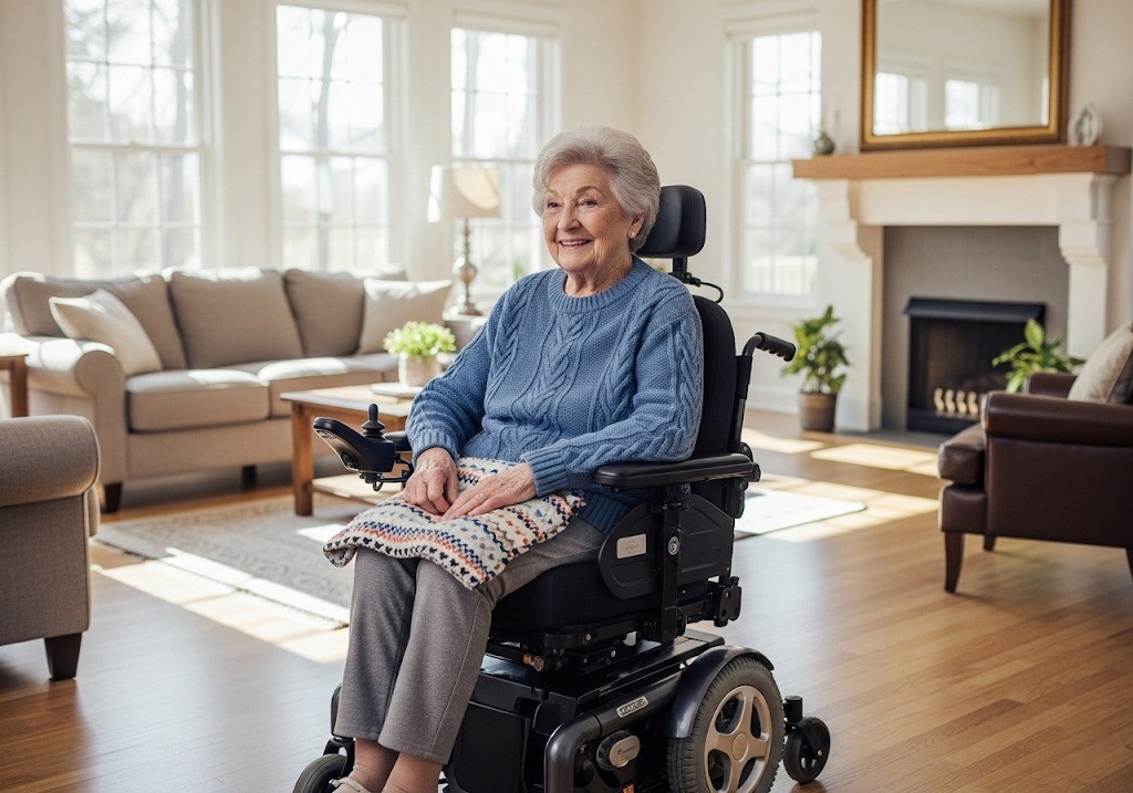 woman in power wheelchair at home