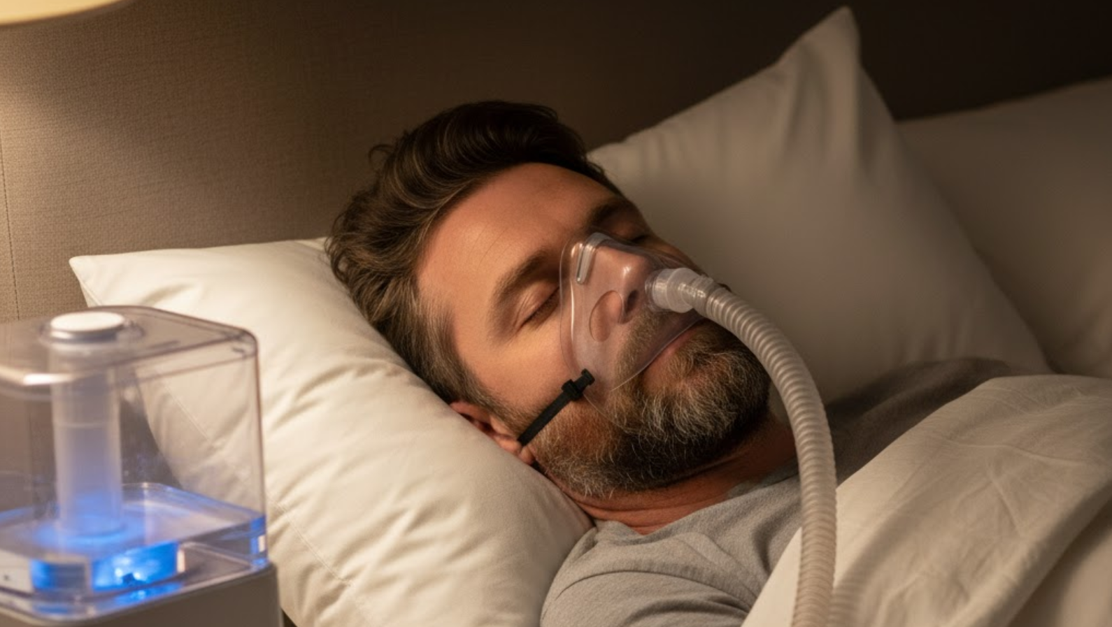 man using CPAP humidifier while sleeping