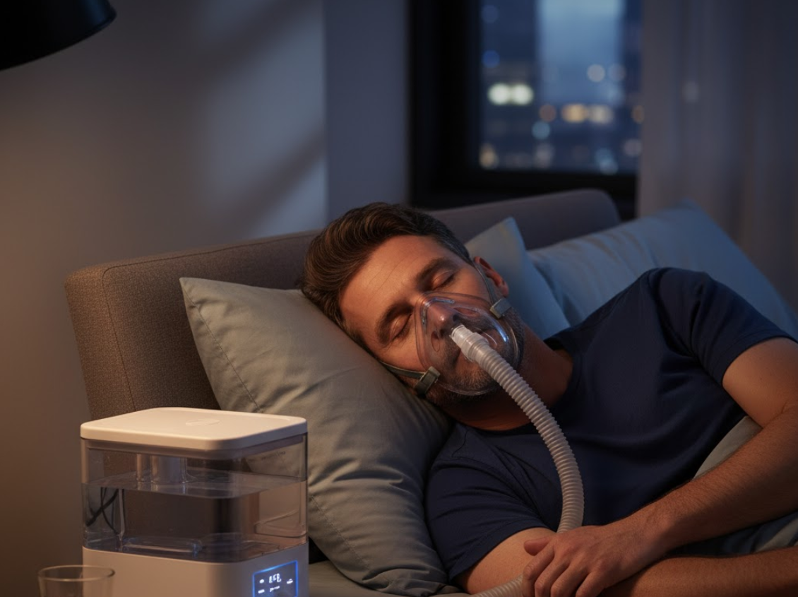 man using CPAP humidifier while sleeping