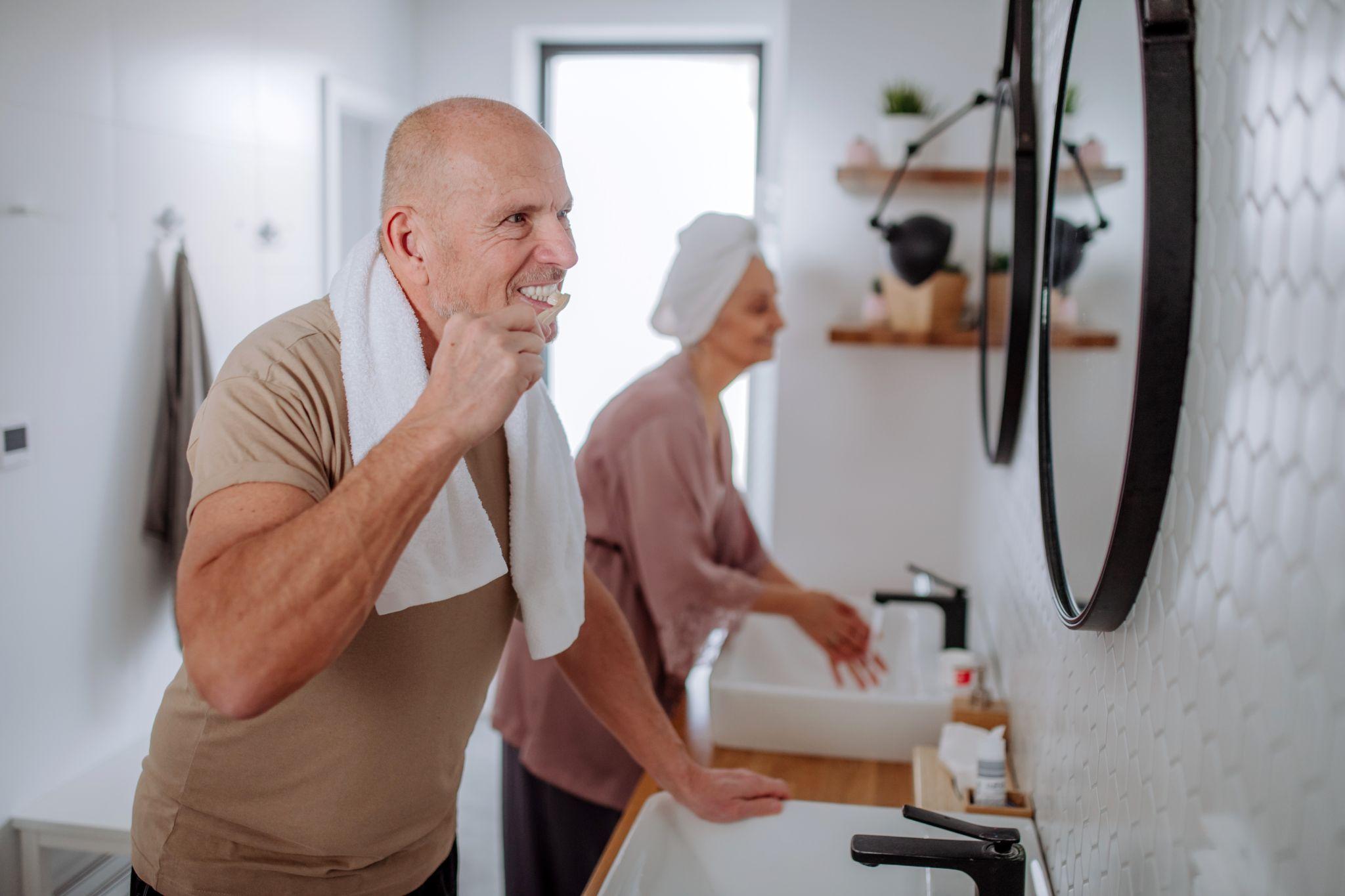 senior couple in bathroom