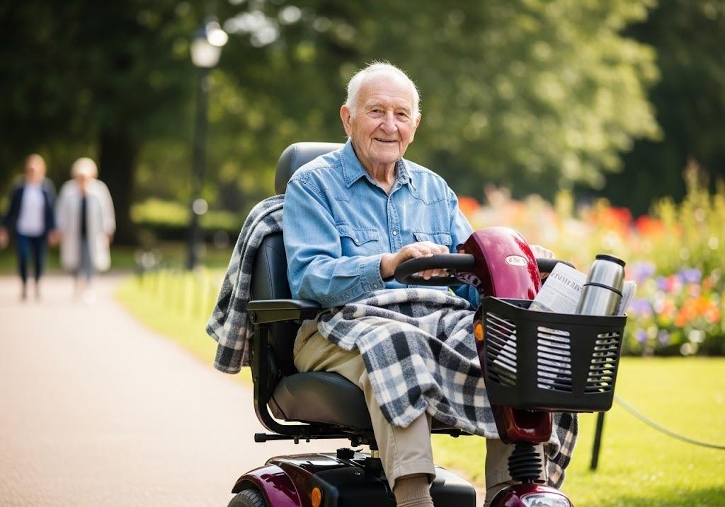 man using one of the wheelchair scooters from MacPherson’s Medical Supply