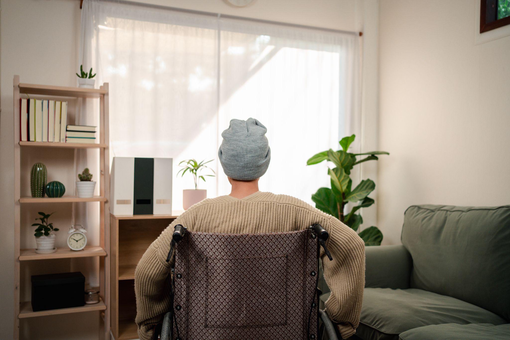 patient at home requiring the use of a wheelchair, an example of patient care equipment