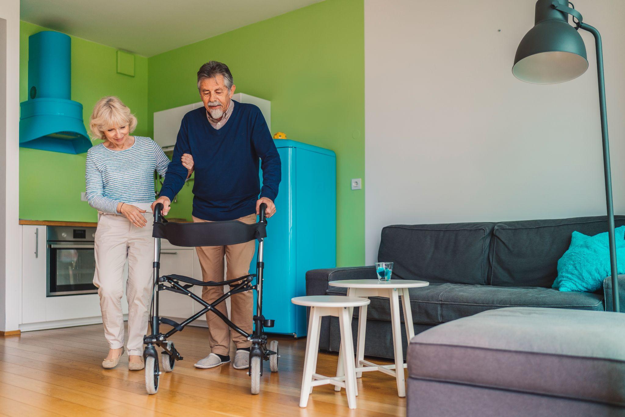 man using rollator at home, representing medical devices for home use