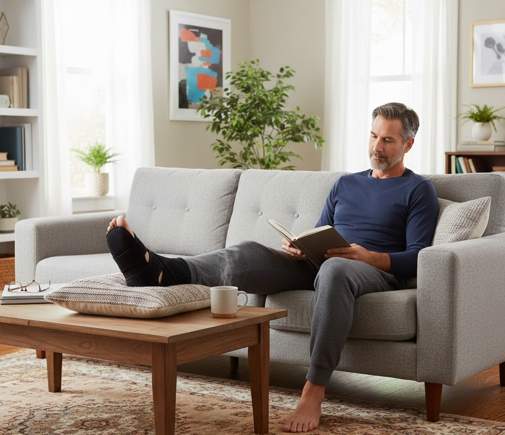 man with foot brace, relaxing