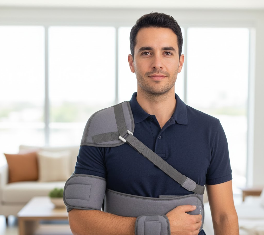 man wearing shoulder immobilizer