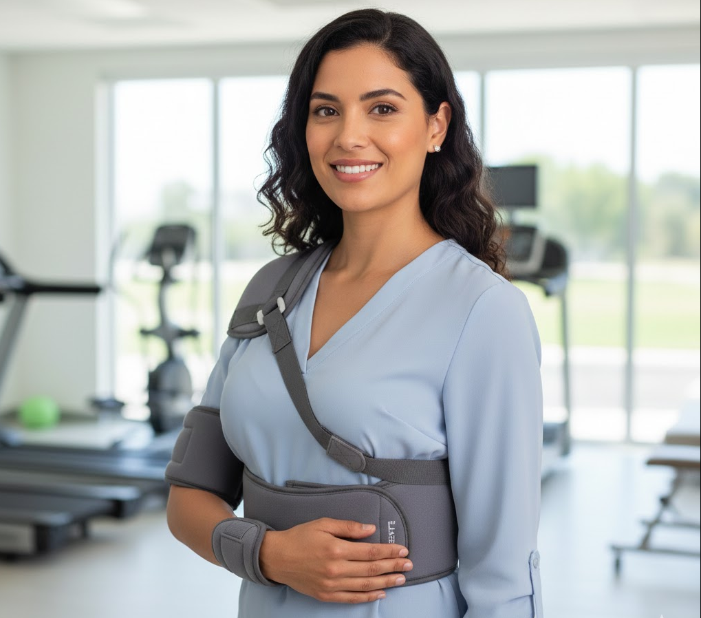 woman wearing shoulder immobilizer